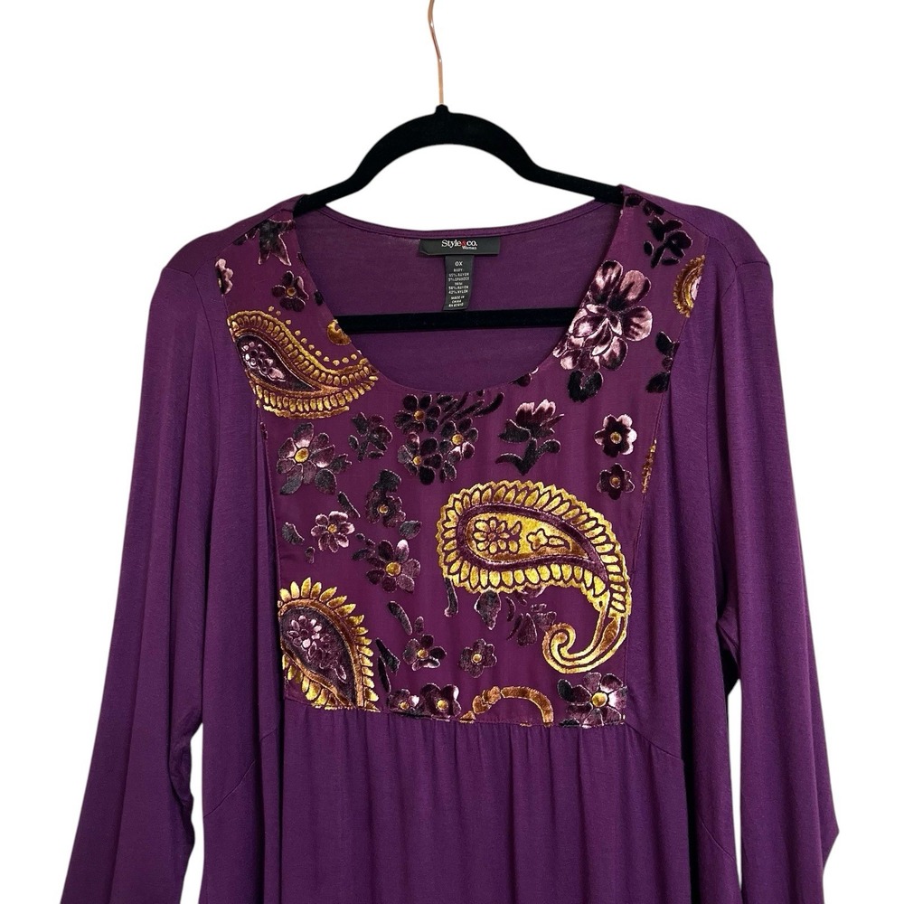 Style & Co Blouse Size OX Paisley Floral Velvet Front Panel Long Sleeve Top New - Picture 3 of 13